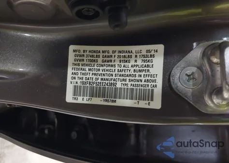 2014 Honda Civic Lx из США, поврежденный, VIN 19XFB2F52EE243892